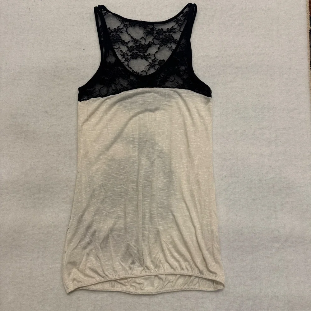 Tres Bien Womens Large‎ Lace Yoke Rose Graphic Rhinestone Tank Top Cream Black